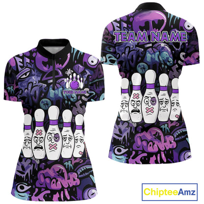 Custom Purple graffiti pattern Funny Bowling Polo, Quarter Zip Shirts For Women, Team Bowling Jersey NQS11099