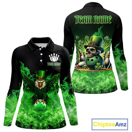 Green Flame Smoke St Patrick's Day Eagle Skull Women's Bowling Shirt Custom Lucky Bowling Team Jersey NQS11286