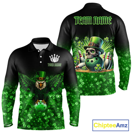 Green shamrock St Patrick's Day Eagle Skull Men's Bowling Shirts Custom Lucky Bowling Team Jersey NQS11287