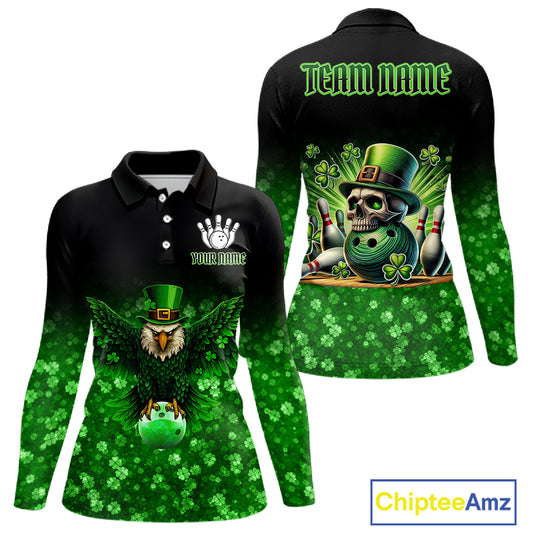 Green shamrock St Patrick's Day Eagle Skull Women's Bowling Shirts Custom Lucky Bowling Team Jersey NQS11287