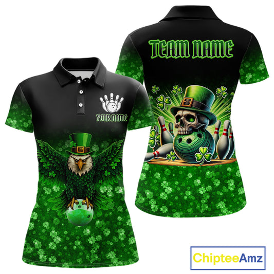 Green shamrock St Patrick's Day Eagle Skull Women's Bowling Shirts Custom Lucky Bowling Team Jersey NQS11287