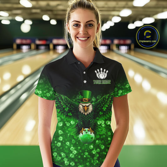 Green shamrock St Patrick's Day Eagle Skull Women's Bowling Shirts Custom Lucky Bowling Team Jersey NQS11287