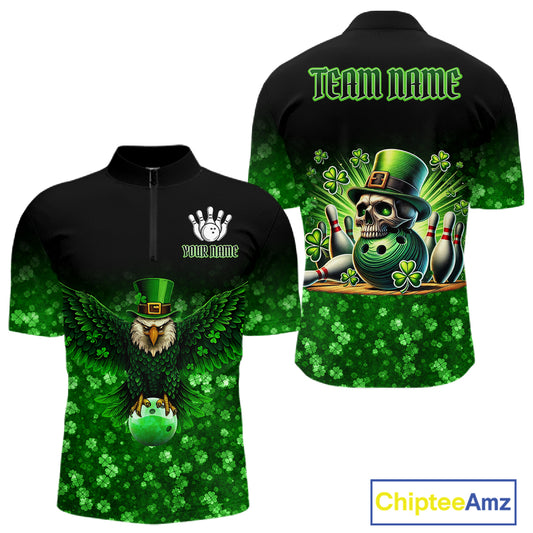 Green shamrock St Patrick's Day Eagle Skull Men's Bowling Shirts Custom Lucky Bowling Team Jersey NQS11287