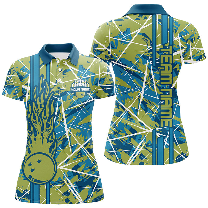 Green flame bowling ball camo custom Womens Bowling Polo Shirts, team bowling jerseys gift for bowler NQS7508