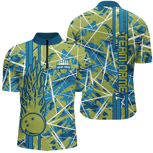 Green flame bowling ball camo custom Mens Quarter Zip Shirts, team bowling jerseys gift for bowler NQS7508