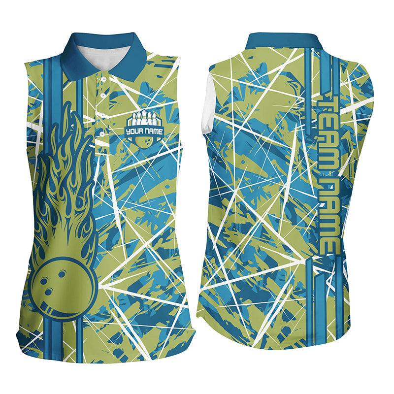 Green flame bowling ball camo custom Women sleeveless Polo Shirt, team bowling jerseys gift for bowler NQS7508