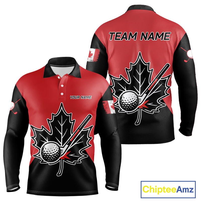 Black and Red maple leaf Mens golf polo shirts custom patriotic Canadian Flag golf attire for mens NQS9993