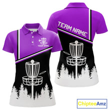 Load image into Gallery viewer, Black, White and Purple Disc Golf basket Womens Disc golf polo shirts Custom team disc golf jersey NQS9996