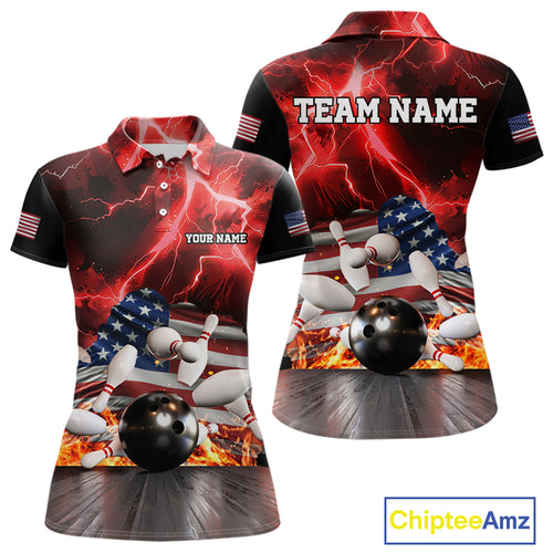 Red Lightning thunder storm American Flag Bowling Shirts For Women Custom Bowling Team League Jerseys NQS10290