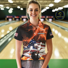 Load image into Gallery viewer, Orange Lightning thunder American Flag Bowling Shirt For Women Custom Bowling Team League Jersey NQS10291