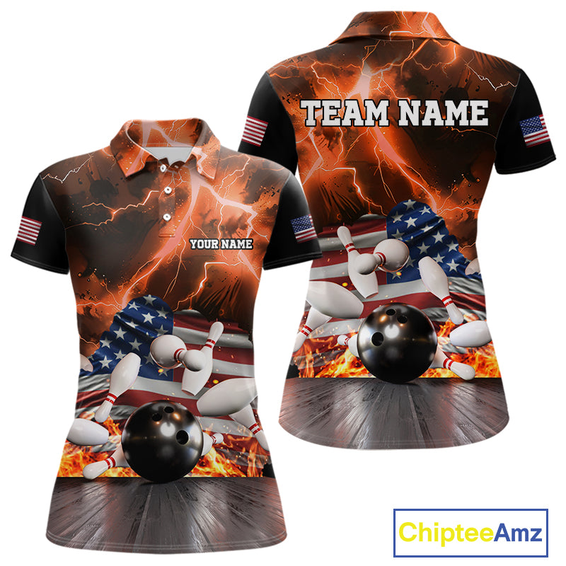 Orange Lightning thunder American Flag Bowling Shirt For Women Custom Bowling Team League Jersey NQS10291