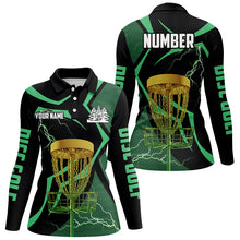 Load image into Gallery viewer, Black green Womens disc golf polo shirts custom lightning thunder disc golf basket, disc golf gifts NQS8520