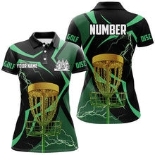 Load image into Gallery viewer, Black green Womens disc golf polo shirts custom lightning thunder disc golf basket, disc golf gifts NQS8520