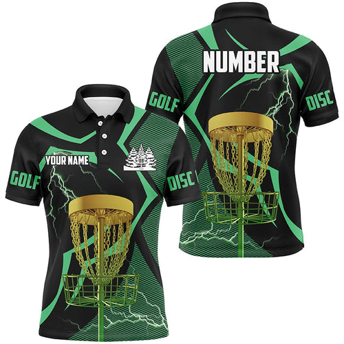 Black and green Men disc golf polo shirt custom lightning thunder disc golf basket, disc golf gifts NQS8520