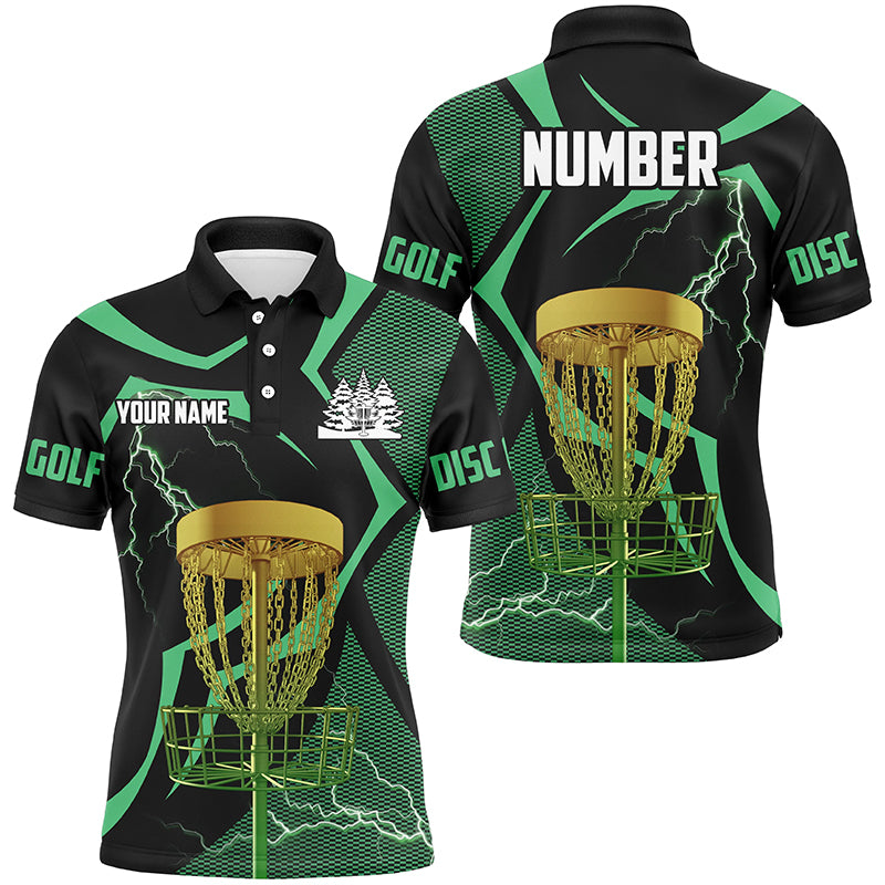 Black and green Men disc golf polo shirt custom lightning thunder disc golf basket, disc golf gifts NQS8520