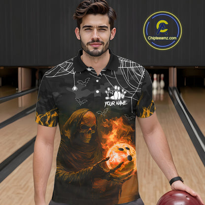 Black Bowling Camo Orange flame Skull Custom Halloween Bowling Shirts For Men, Bowling Team Jerseys NQS10705