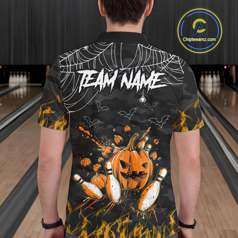 Black Bowling Camo Orange flame Skull Custom Halloween Bowling Shirts For Men, Bowling Team Jerseys NQS10705