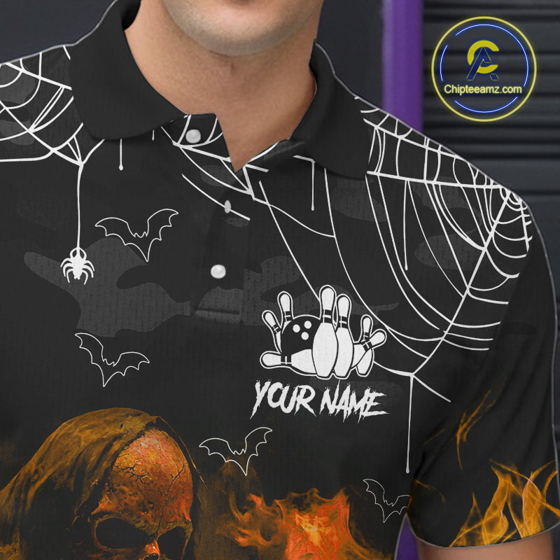Black Bowling Camo Orange flame Skull Custom Halloween Bowling Shirts For Men, Bowling Team Jerseys NQS10705
