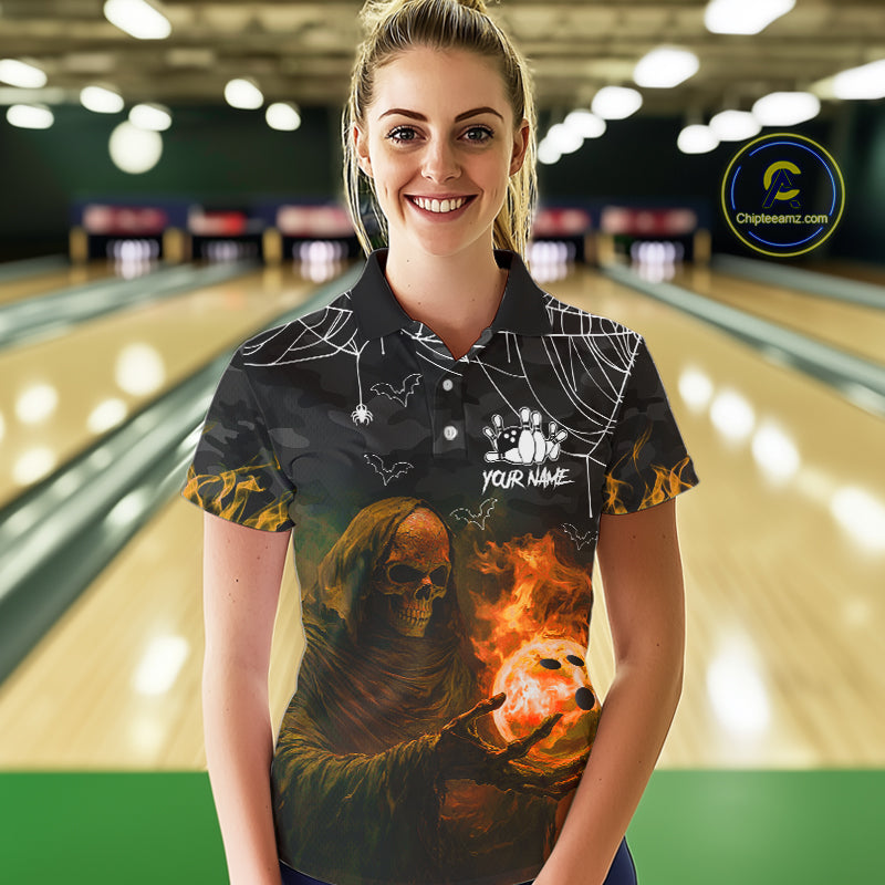 Black Bowling Camo Orange flame Skull Custom Halloween Bowling Shirts For Women, Bowling Team Jerseys NQS10705