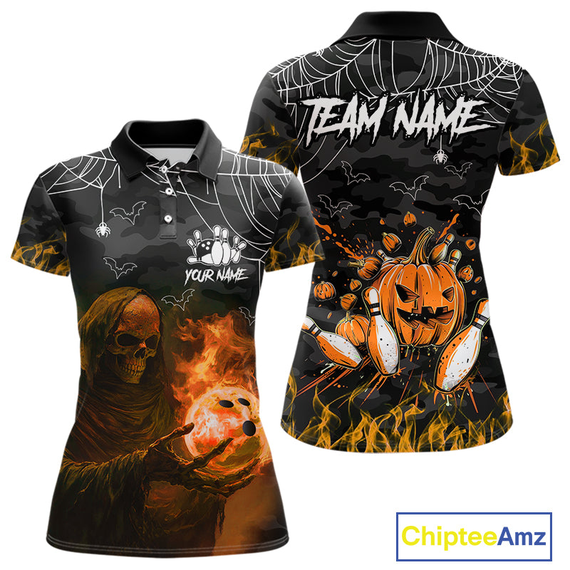 Black Bowling Camo Orange flame Skull Custom Halloween Bowling Shirts For Women, Bowling Team Jerseys NQS10705