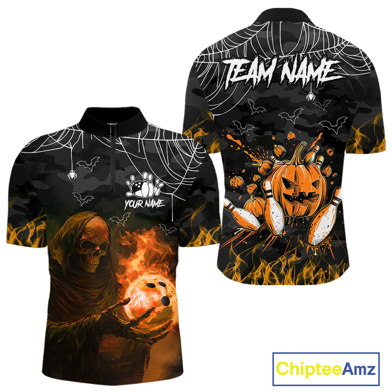 Black Bowling Camo Orange flame Skull Custom Halloween Bowling Shirts For Men, Bowling Team Jerseys NQS10705