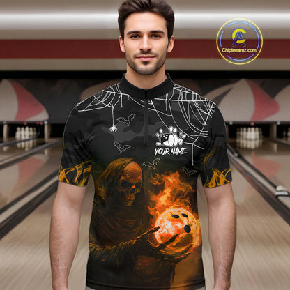 Black Bowling Camo Orange flame Skull Custom Halloween Bowling Shirts For Men, Bowling Team Jerseys NQS10705