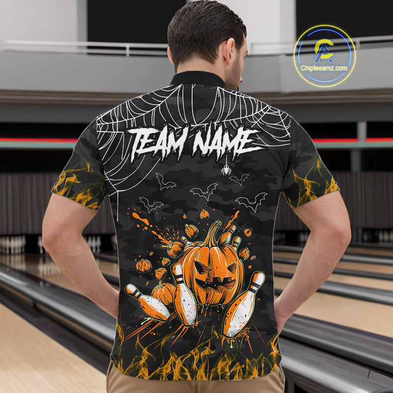 Black Bowling Camo Orange flame Skull Custom Halloween Bowling Shirts For Men, Bowling Team Jerseys NQS10705