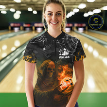 Load image into Gallery viewer, Black Bowling Camo Orange flame Skull Custom Halloween Bowling Shirts For Women, Bowling Team Jerseys NQS10705
