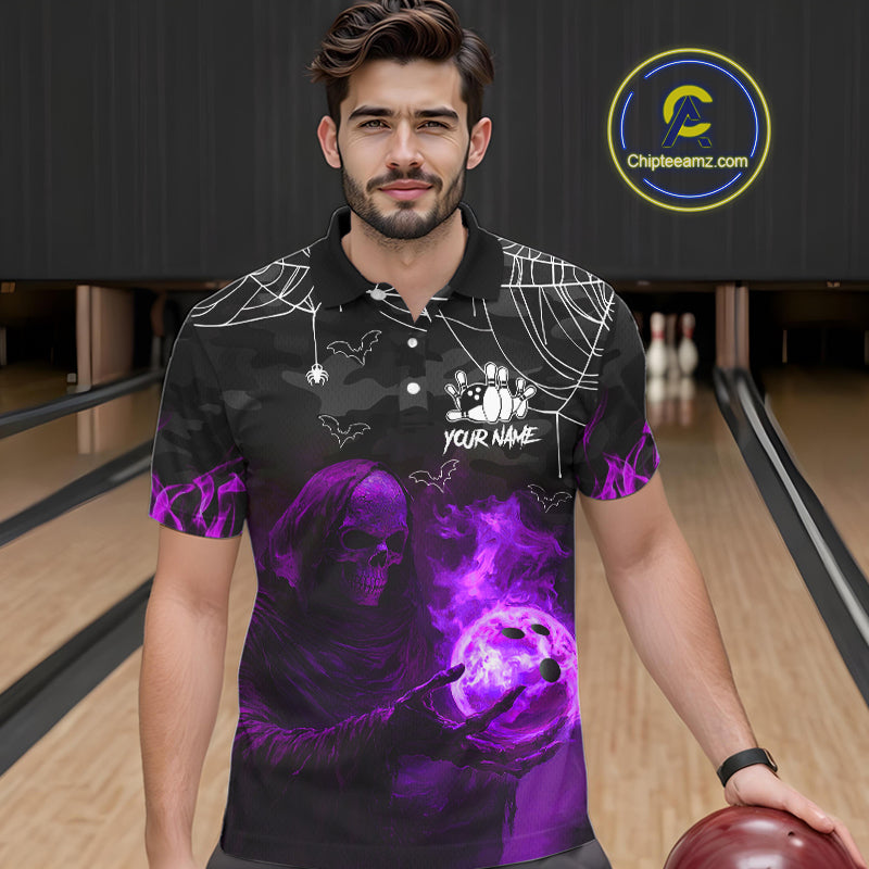Black Bowling Camo Purple flame Skull Custom Halloween Bowling Shirts For Men, Bowling Team Jerseys NQS10706