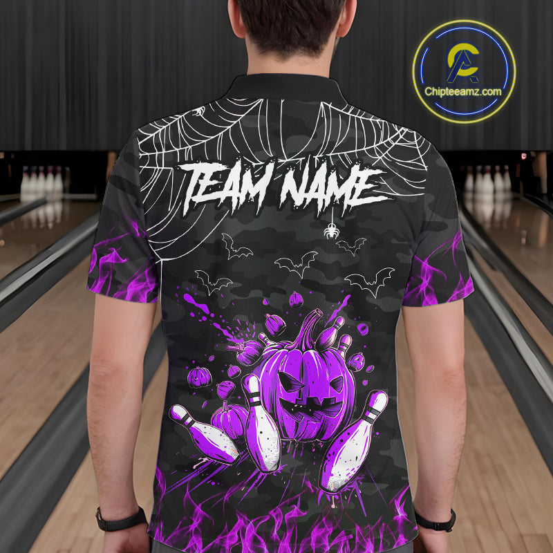 Black Bowling Camo Purple flame Skull Custom Halloween Bowling Shirts For Men, Bowling Team Jerseys NQS10706