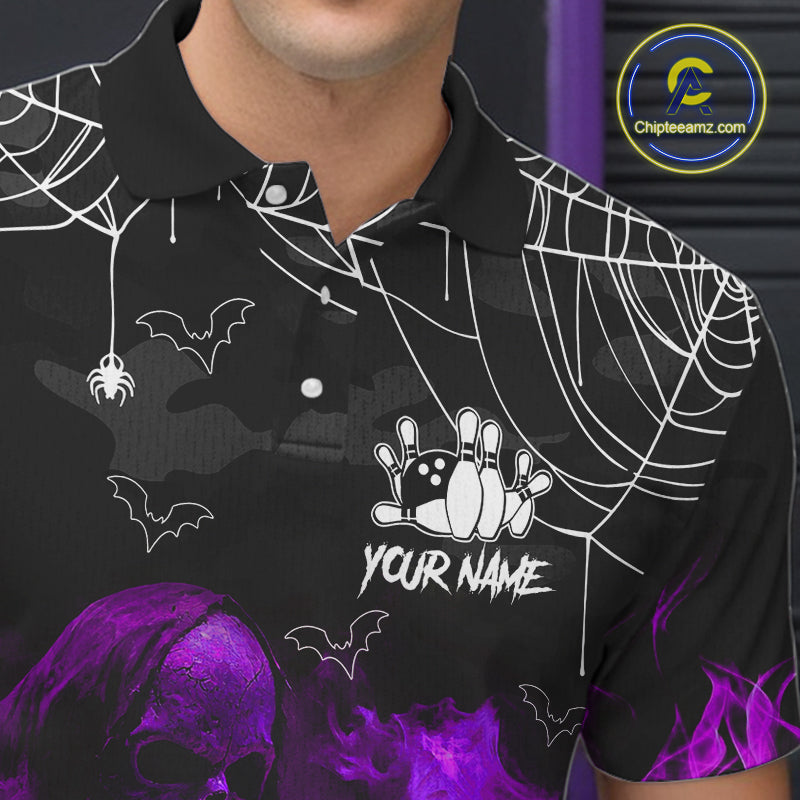 Black Bowling Camo Purple flame Skull Custom Halloween Bowling Shirts For Men, Bowling Team Jerseys NQS10706