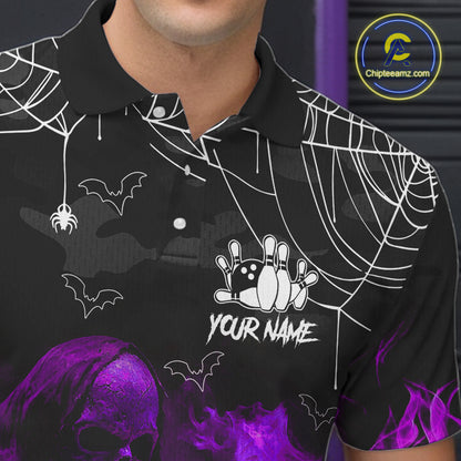Black Bowling Camo Purple flame Skull Custom Halloween Bowling Shirts For Men, Bowling Team Jerseys NQS10706