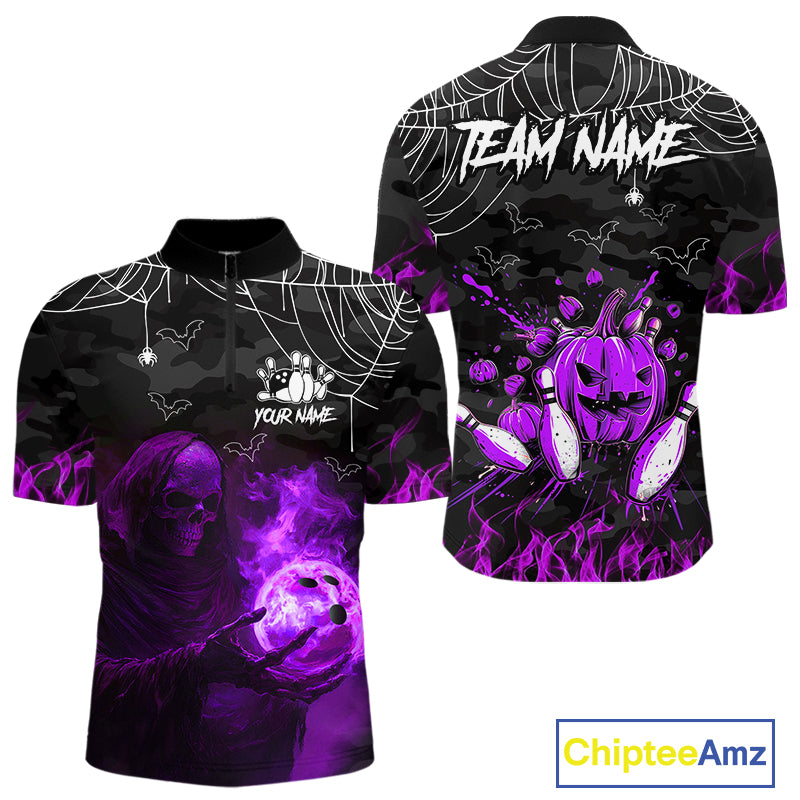 Black Bowling Camo Purple flame Skull Custom Halloween Bowling Shirts For Men, Bowling Team Jerseys NQS10706
