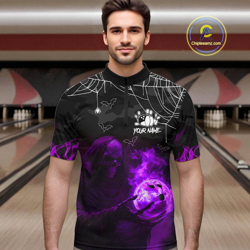 Black Bowling Camo Purple flame Skull Custom Halloween Bowling Shirts For Men, Bowling Team Jerseys NQS10706