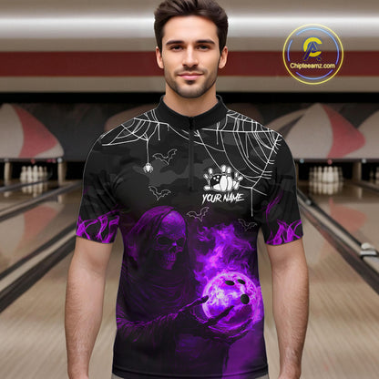 Black Bowling Camo Purple flame Skull Custom Halloween Bowling Shirts For Men, Bowling Team Jerseys NQS10706