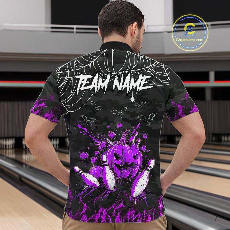 Black Bowling Camo Purple flame Skull Custom Halloween Bowling Shirts For Men, Bowling Team Jerseys NQS10706