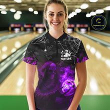 Load image into Gallery viewer, Black Bowling Camo Purple flame Skull Custom Halloween Bowling Shirts For Women, Bowling Team Jerseys NQS10706