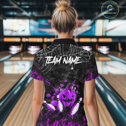 Black Bowling Camo Purple flame Skull Custom Halloween Bowling Shirts For Women, Bowling Team Jerseys NQS10706