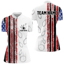 Load image into Gallery viewer, White Camo American Flag Bowling Polo, 1/4 Zip shirts for Women custom Patriotic Team Bowling Jerseys NQS8761