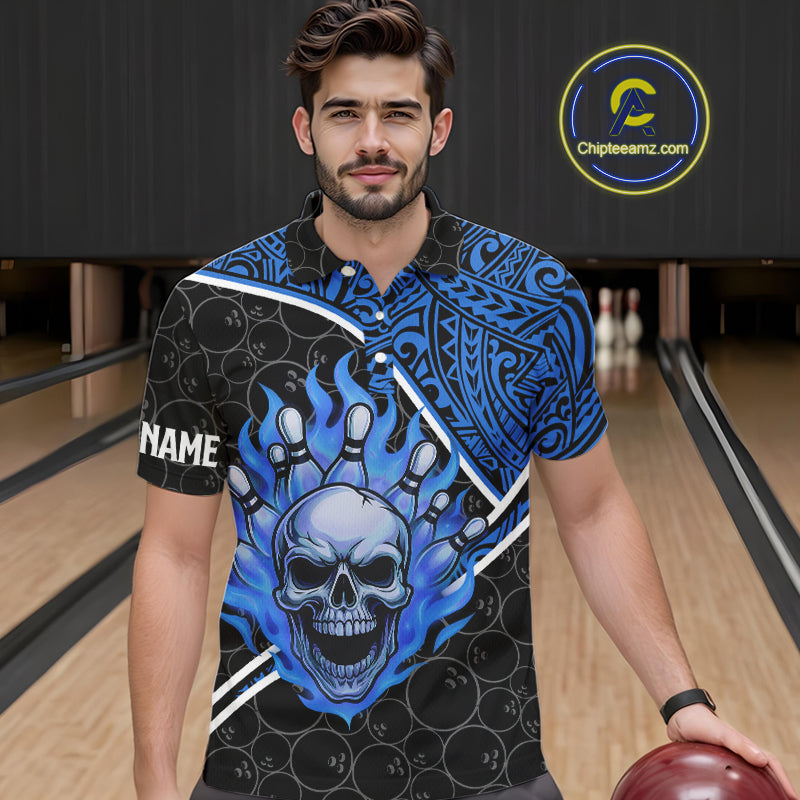 Black and Blue Flame Skull tribal pattern camo Bowling Shirts for Men Custom Bowling Team Jersey NQS10916