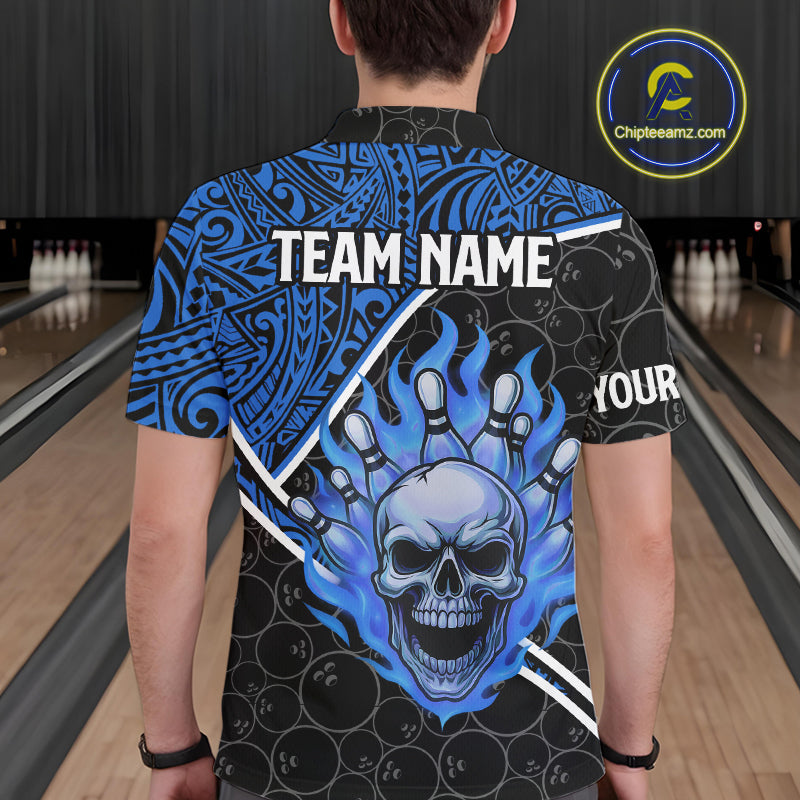 Black and Blue Flame Skull tribal pattern camo Bowling Shirts for Men Custom Bowling Team Jersey NQS10916