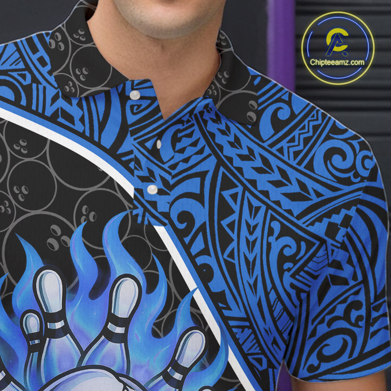 Black and Blue Flame Skull tribal pattern camo Bowling Shirts for Men Custom Bowling Team Jersey NQS10916
