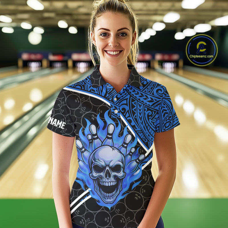 Black and Blue Flame Skull tribal pattern camo Bowling Shirts for Women Custom Bowling Team Jersey NQS10916