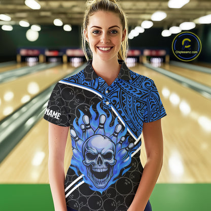 Black and Blue Flame Skull tribal pattern camo Bowling Shirts for Women Custom Bowling Team Jersey NQS10916