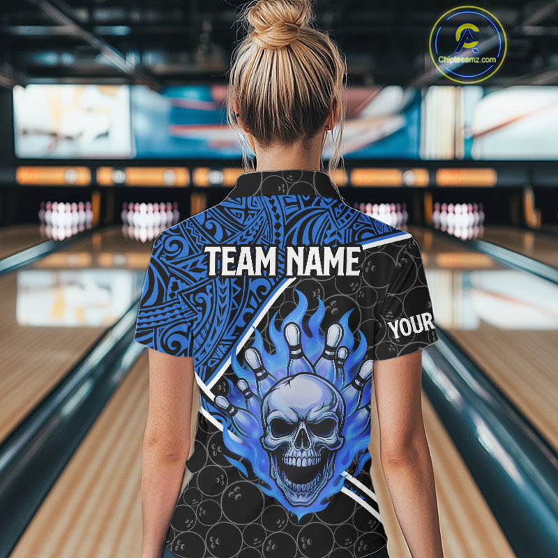 Black and Blue Flame Skull tribal pattern camo Bowling Shirts for Women Custom Bowling Team Jersey NQS10916