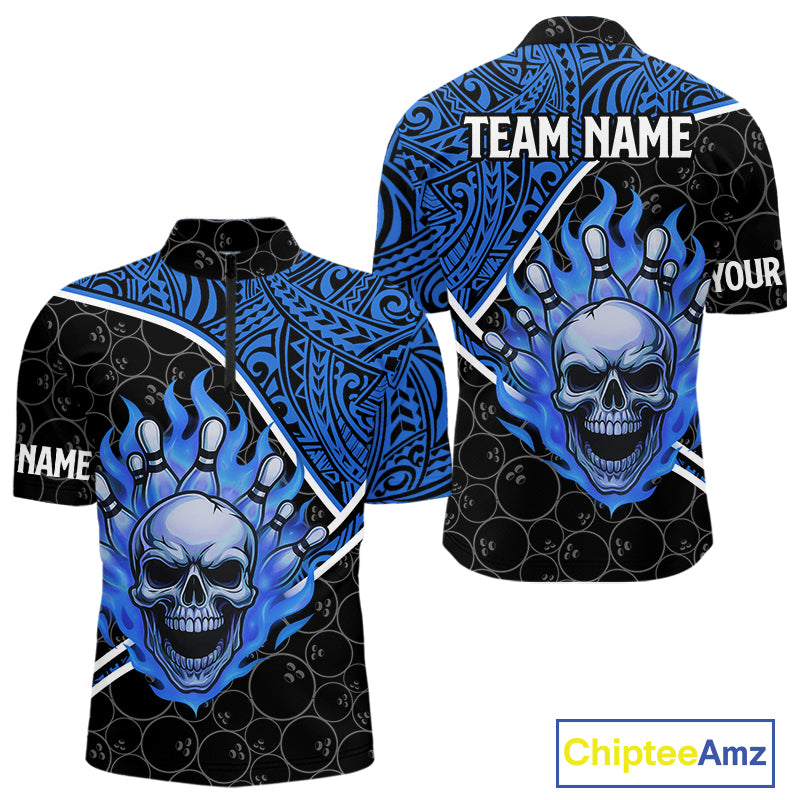 Black and Blue Flame Skull tribal pattern camo Bowling Shirts for Men Custom Bowling Team Jersey NQS10916