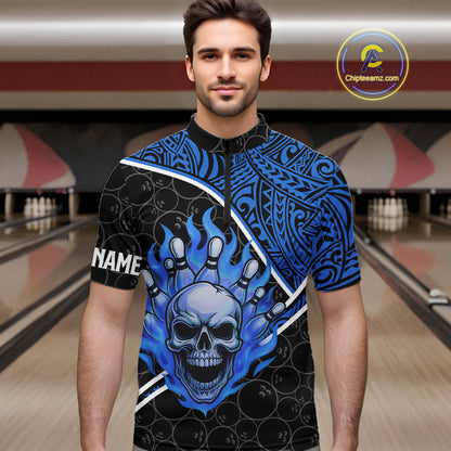 Black and Blue Flame Skull tribal pattern camo Bowling Shirts for Men Custom Bowling Team Jersey NQS10916