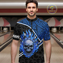 Load image into Gallery viewer, Black and Blue Flame Skull tribal pattern camo Bowling Shirts for Men Custom Bowling Team Jersey NQS10916