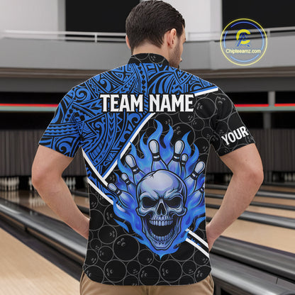 Black and Blue Flame Skull tribal pattern camo Bowling Shirts for Men Custom Bowling Team Jersey NQS10916