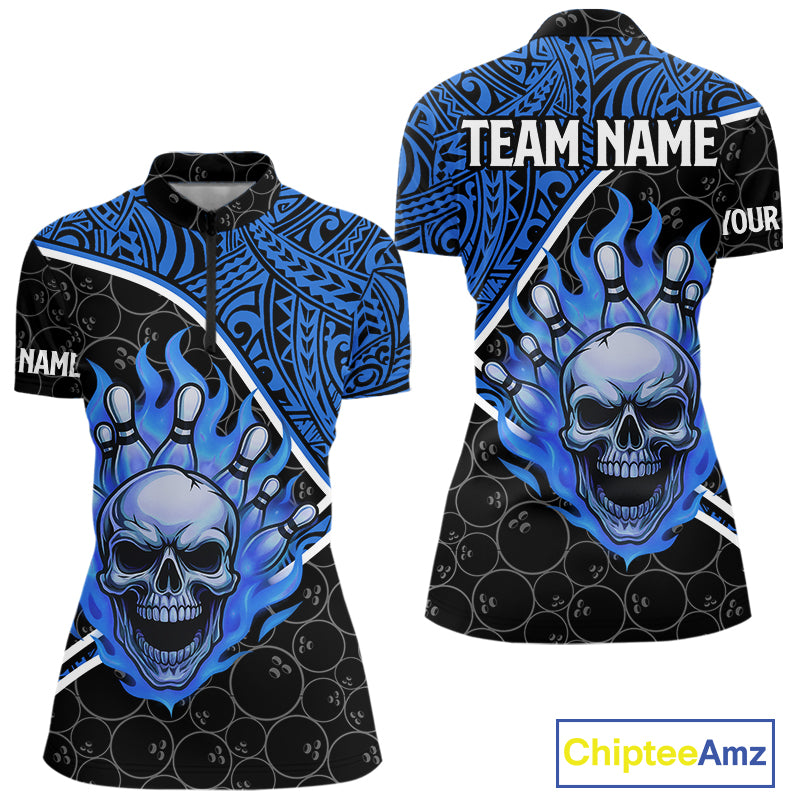 Black and Blue Flame Skull tribal pattern camo Bowling Shirts for Women Custom Bowling Team Jersey NQS10916